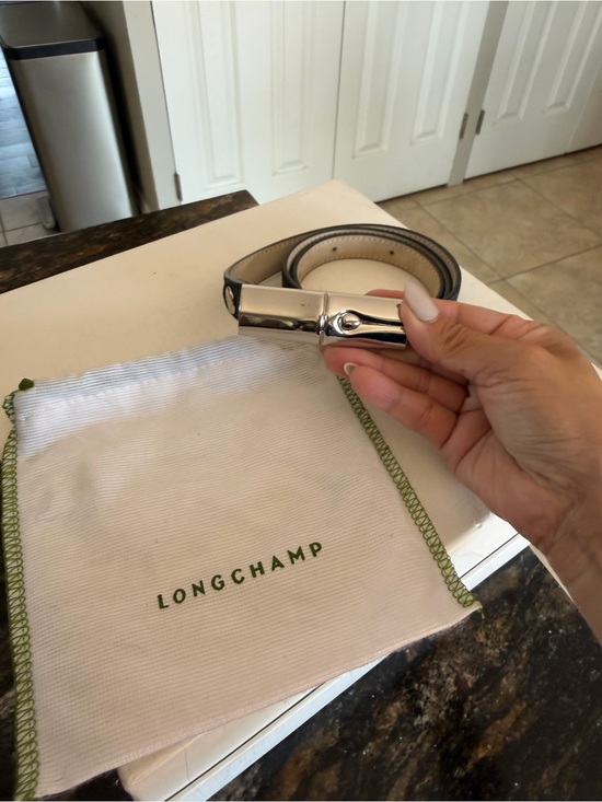 Longchamp Black Leather Belt with Silver Tubular Buckle main image 5